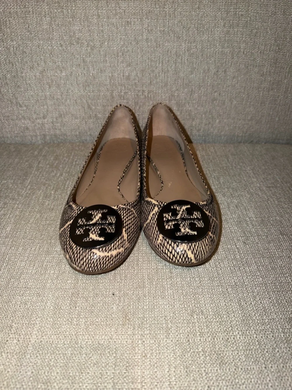 Tory Burch Reva Snake-Print Leather Ballet Flat with Silver Logo - Picture 2 of 8